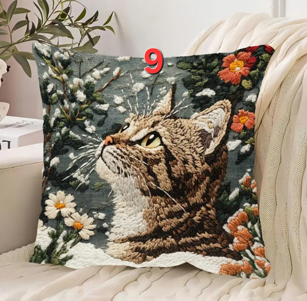 Housse de coussin brodée 18 x 18 pouces - Plusieurs motifs de chats