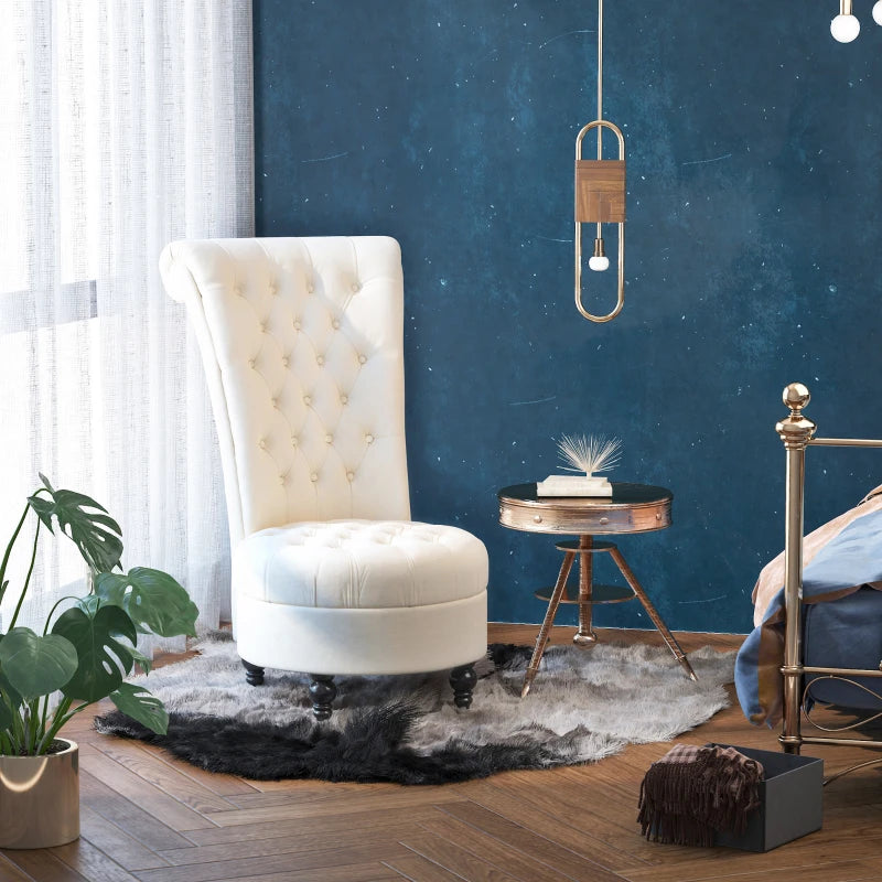 Fauteuil d'appoint crème à dossier haut en velours capitonné