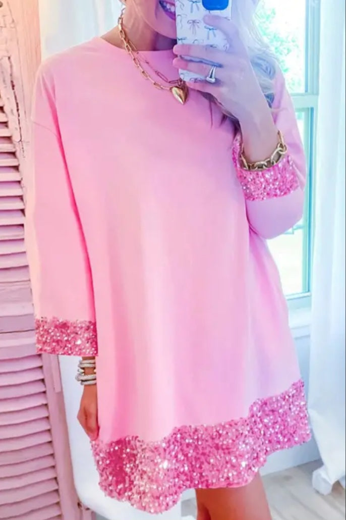 Robe rose à manches 3/4 à sequins