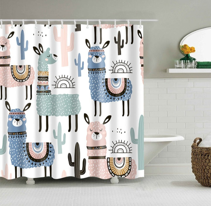 Rideau de douche en tissu Alpagas et Cactus