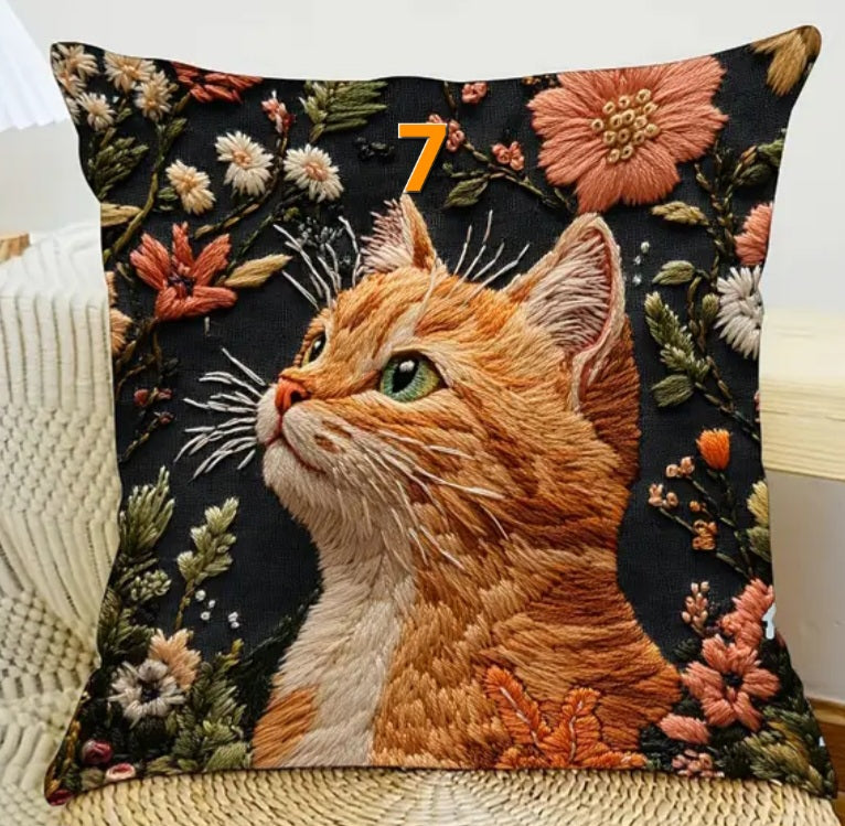 Housse de coussin brodée 18 x 18 pouces - Plusieurs motifs de chats