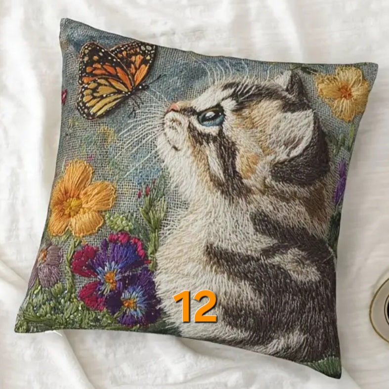 Housse de coussin brodée 18 x 18 pouces - Plusieurs motifs de chats