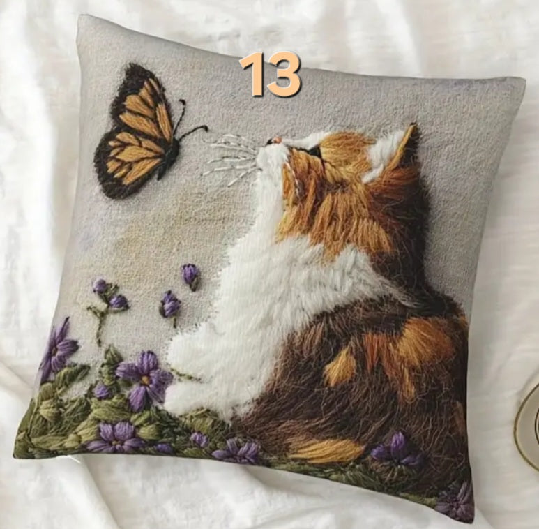 Housse de coussin brodée 18 x 18 pouces - Plusieurs motifs de chats
