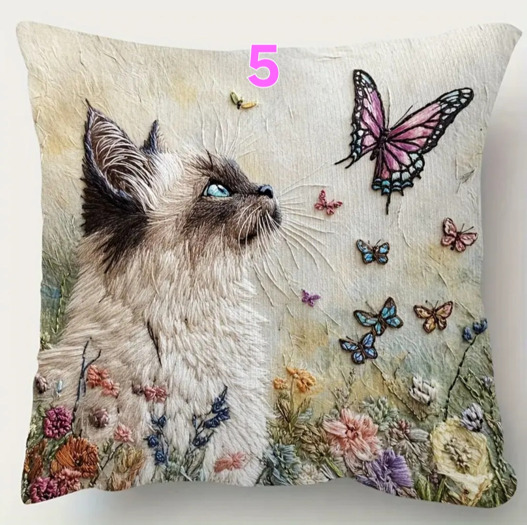 Housse de coussin brodée 18 x 18 pouces - Plusieurs motifs de chats