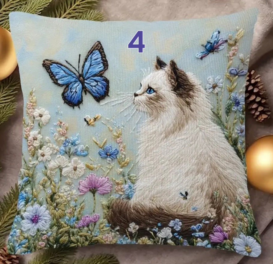 Housse de coussin brodée 18 x 18 pouces - Plusieurs motifs de chats