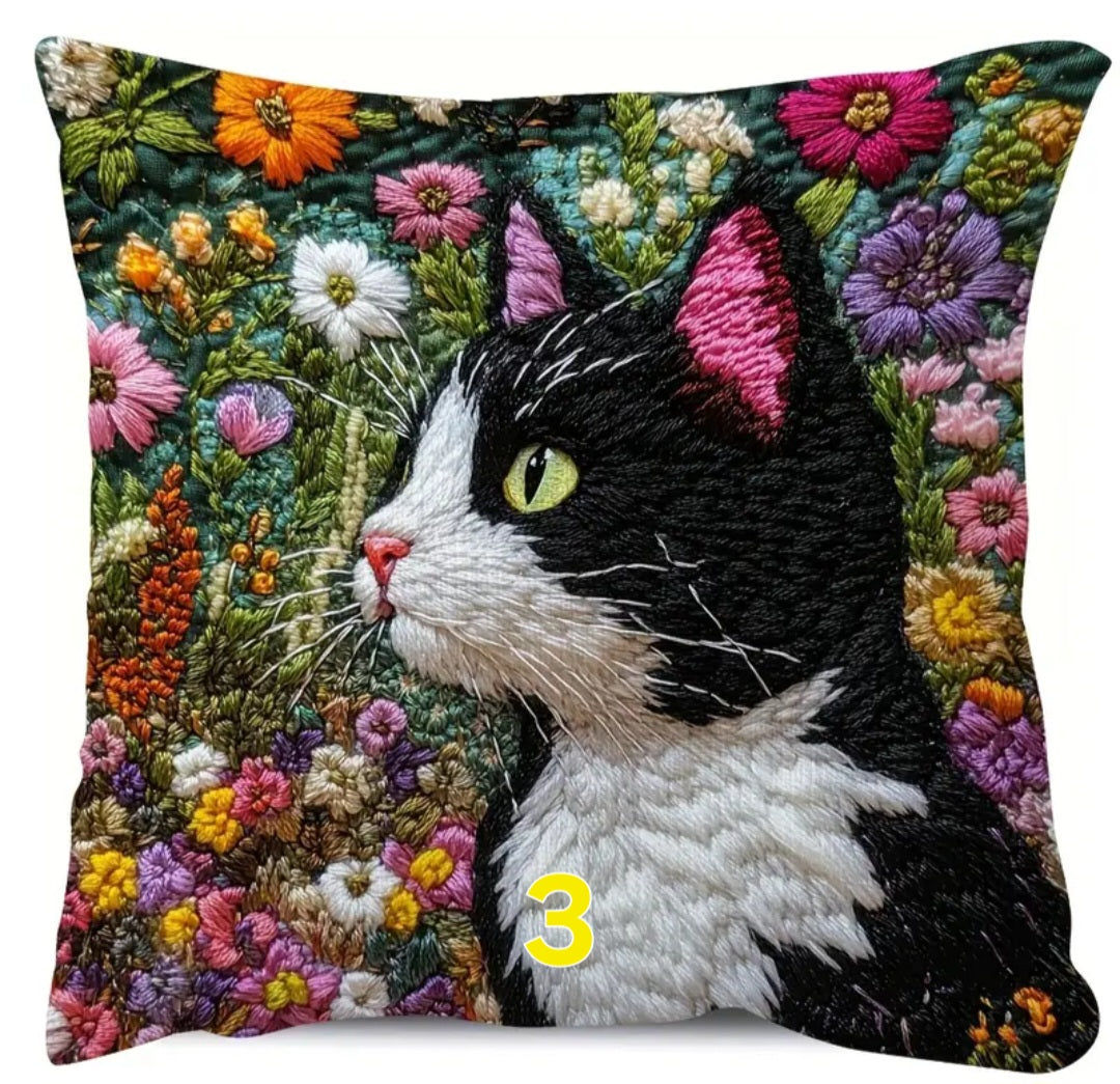 Housse de coussin brodée 18 x 18 pouces - Plusieurs motifs de chats
