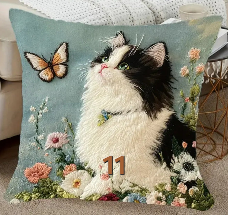 Housse de coussin brodée 18 x 18 pouces - Plusieurs motifs de chats