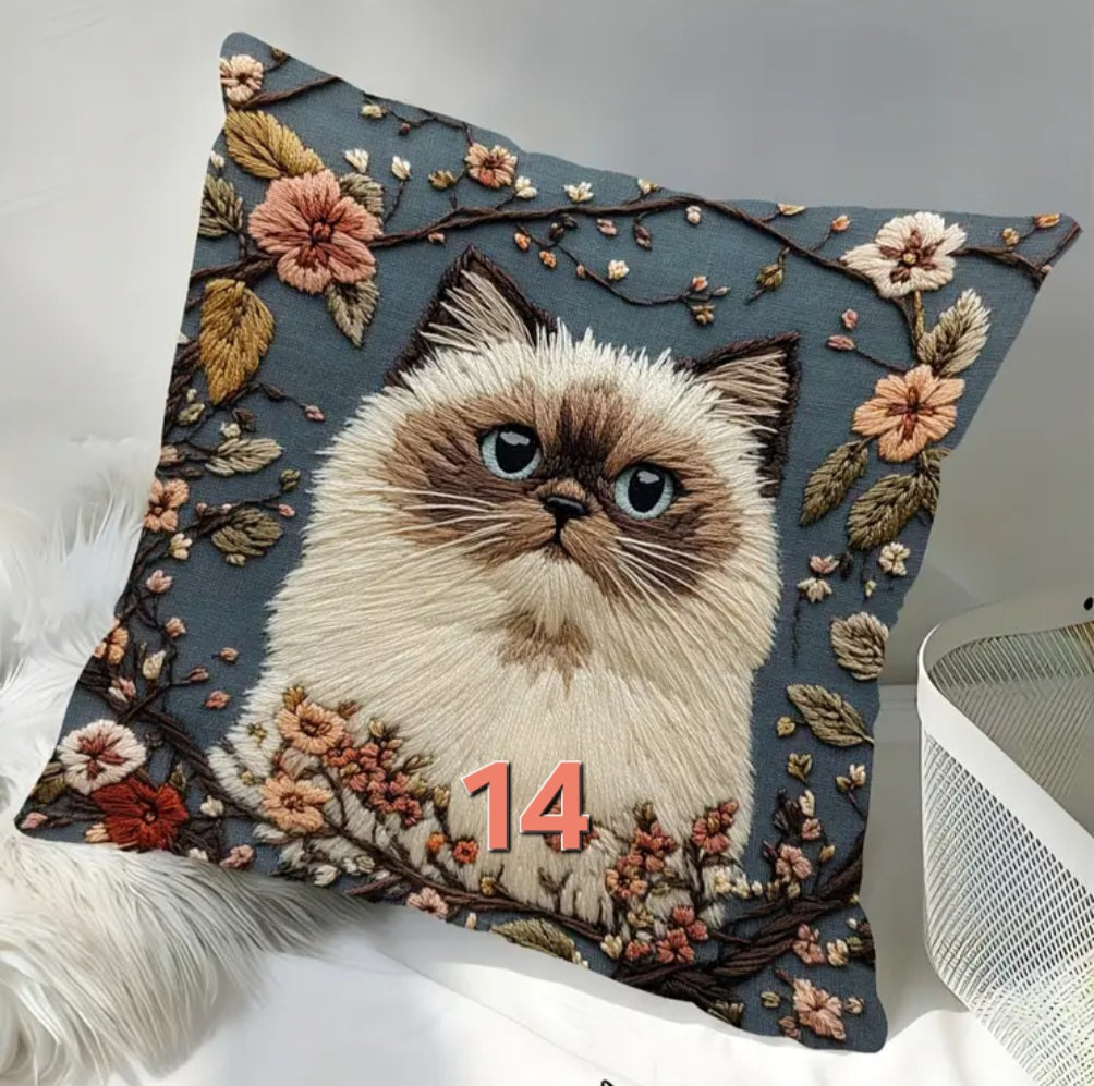 Housse de coussin brodée 18 x 18 pouces - Plusieurs motifs de chats