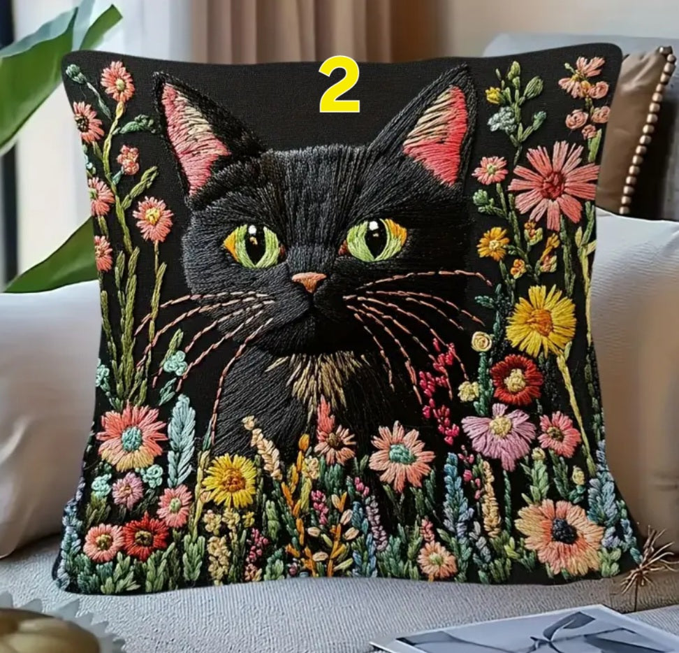 Housse de coussin brodée 18 x 18 pouces - Plusieurs motifs de chats