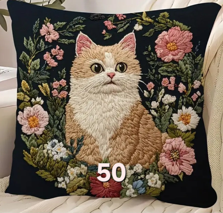 Housse de coussin brodée 18 x 18 pouces - Plusieurs motifs de chats