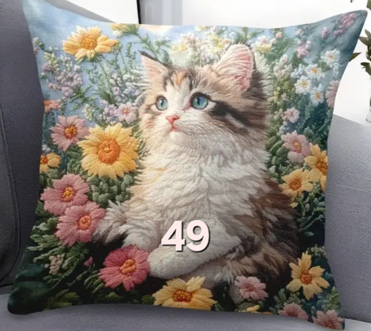 Housse de coussin brodée 18 x 18 pouces - Plusieurs motifs de chats