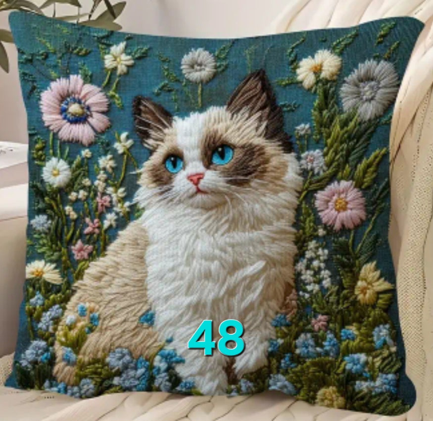 Housse de coussin brodée 18 x 18 pouces - Plusieurs motifs de chats
