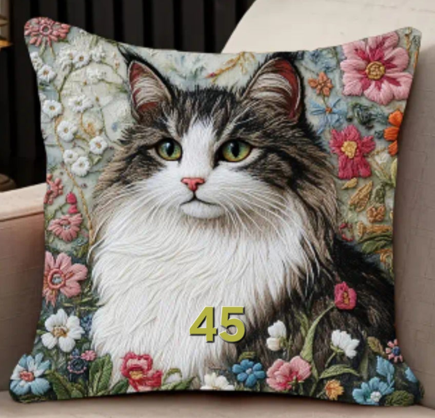 Housse de coussin brodée 18 x 18 pouces - Plusieurs motifs de chats