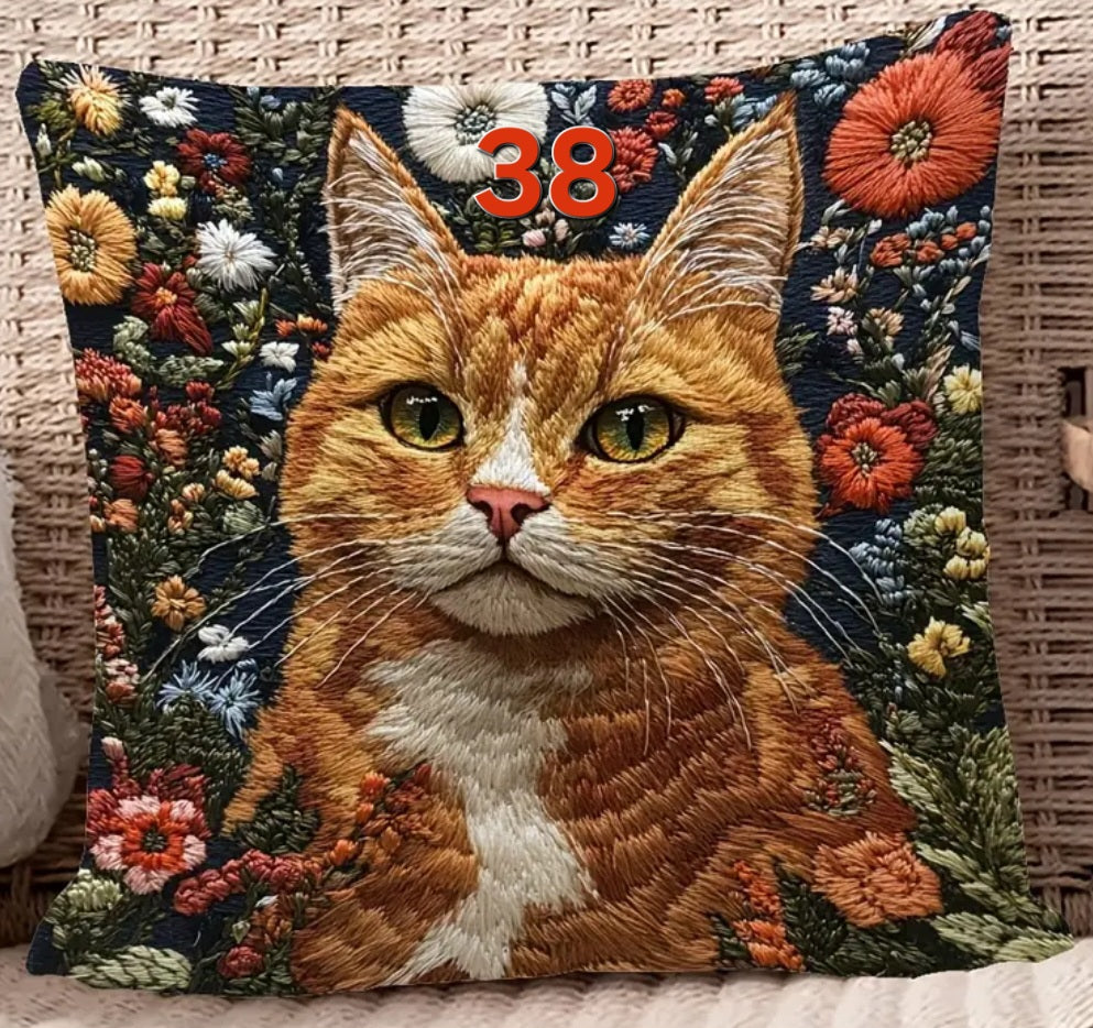 Housse de coussin brodée 18 x 18 pouces - Plusieurs motifs de chats