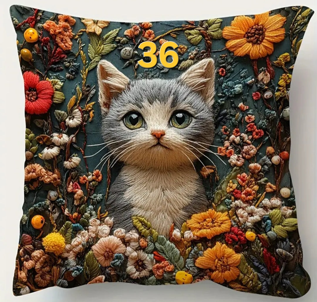 Housse de coussin brodée 18 x 18 pouces - Plusieurs motifs de chats