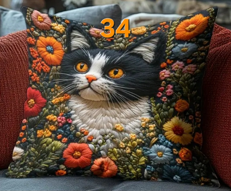 Housse de coussin brodée 18 x 18 pouces - Plusieurs motifs de chats