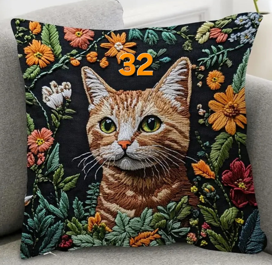 Housse de coussin brodée 18 x 18 pouces - Plusieurs motifs de chats