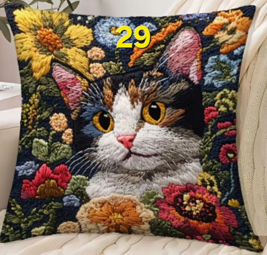 Housse de coussin brodée 18 x 18 pouces - Plusieurs motifs de chats