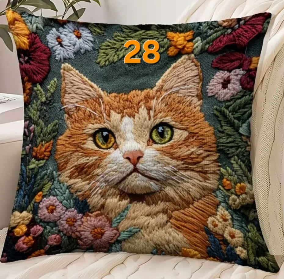 Housse de coussin brodée 18 x 18 pouces - Plusieurs motifs de chats