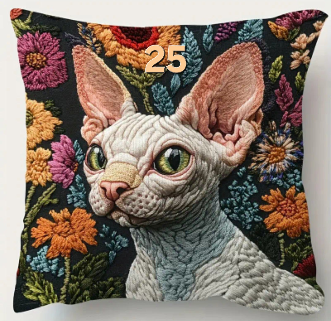 Housse de coussin brodée 18 x 18 pouces - Plusieurs motifs de chats