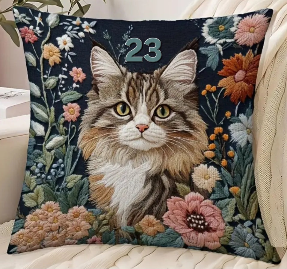 Housse de coussin brodée 18 x 18 pouces - Plusieurs motifs de chats