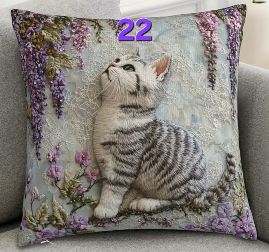Housse de coussin brodée 18 x 18 pouces - Plusieurs motifs de chats