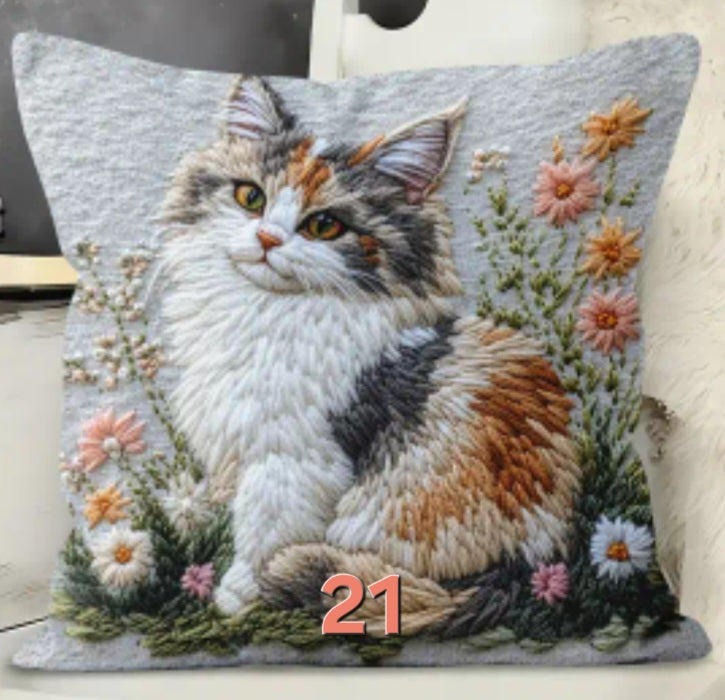 Housse de coussin brodée 18 x 18 pouces - Plusieurs motifs de chats