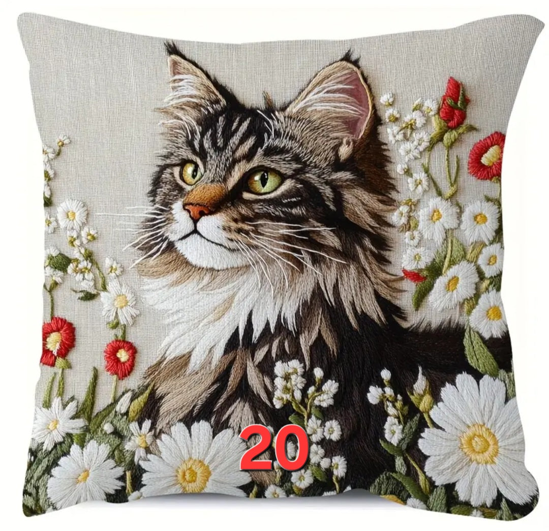 Housse de coussin brodée 18 x 18 pouces - Plusieurs motifs de chats