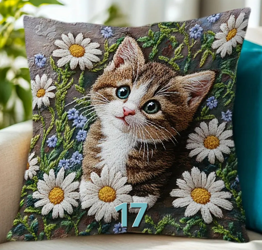Housse de coussin brodée 18 x 18 pouces - Plusieurs motifs de chats