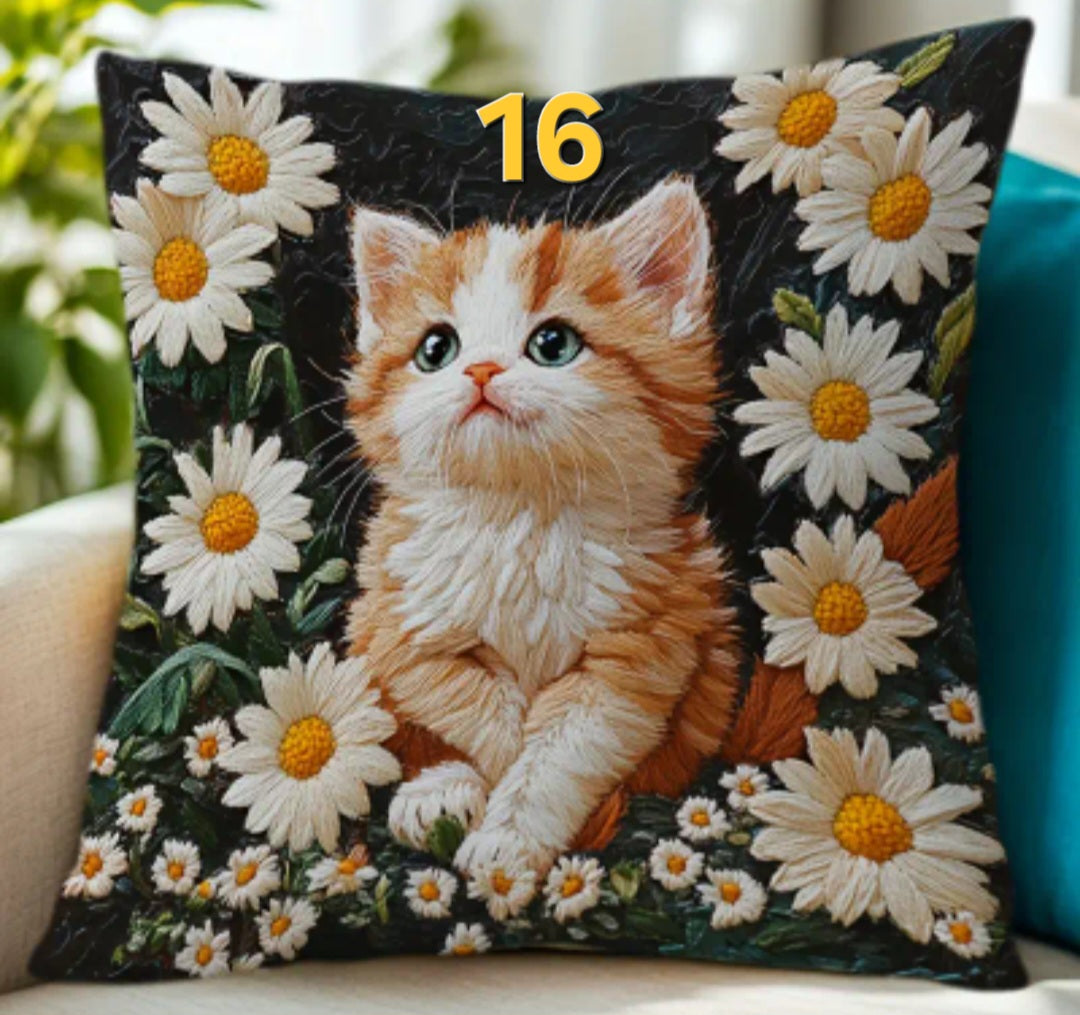 Housse de coussin brodée 18 x 18 pouces - Plusieurs motifs de chats