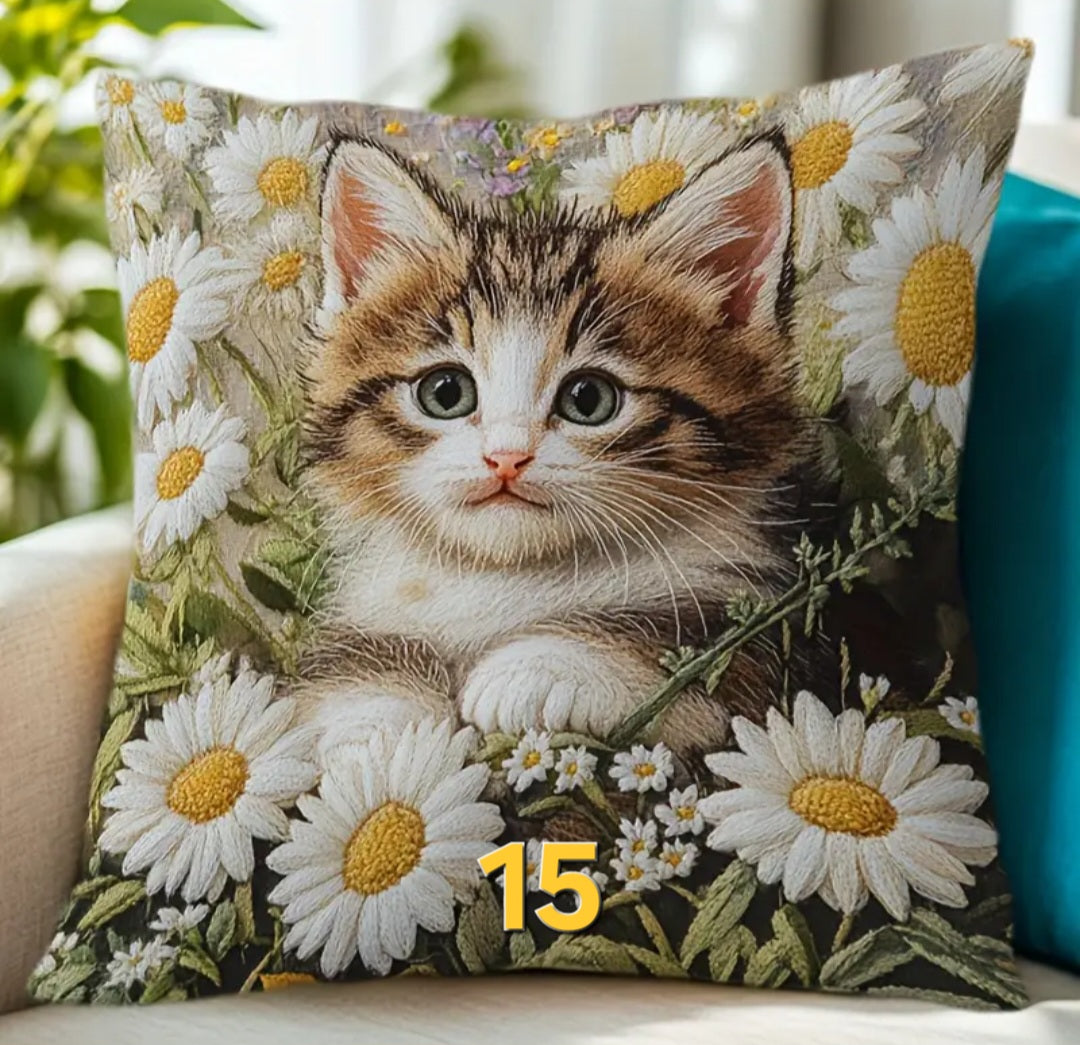 Housse de coussin brodée 18 x 18 pouces - Plusieurs motifs de chats