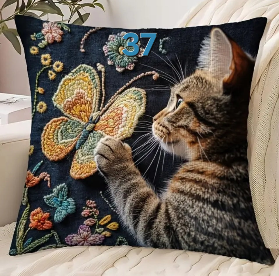 Housse de coussin brodée 18 x 18 pouces - Plusieurs motifs de chats