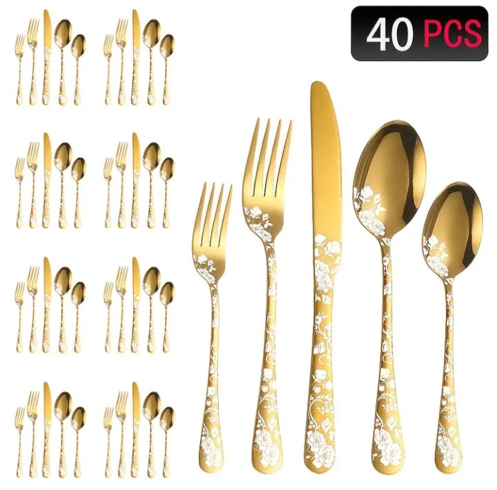 Ensemble de coutellerie deluxe 40 pièces à motif floral