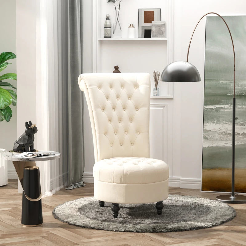 Fauteuil d'appoint crème à dossier haut en velours capitonné