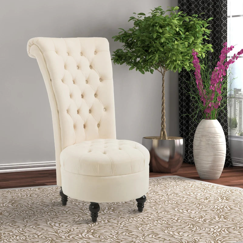 Fauteuil d'appoint crème à dossier haut en velours capitonné