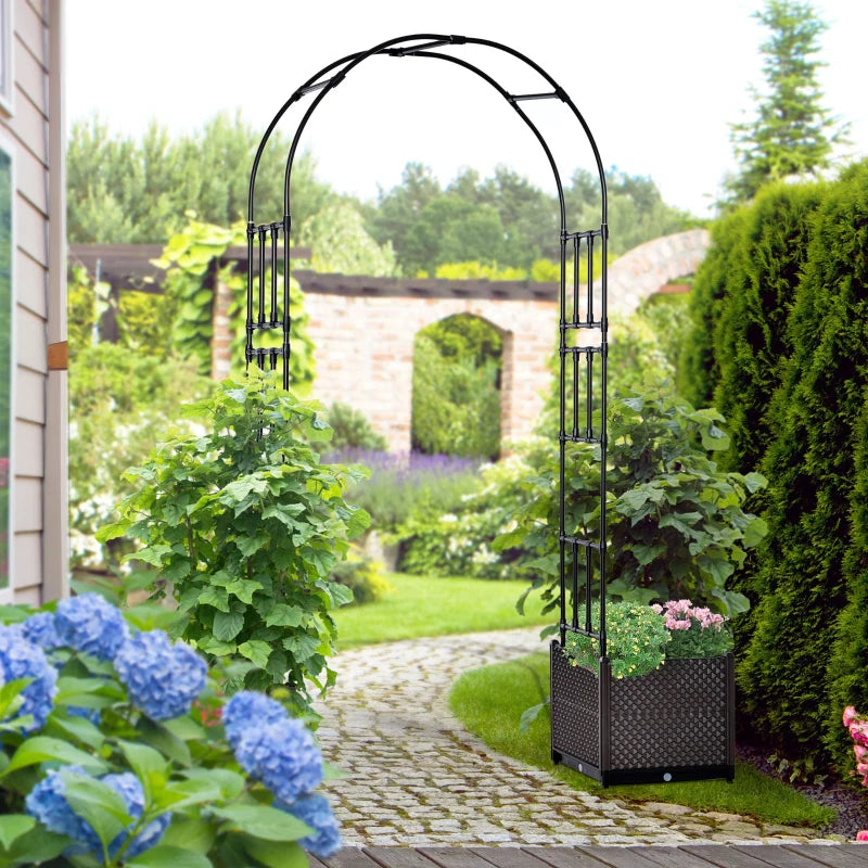 Arche de jardin en acier avec 2 boîtes de plantation en rotin