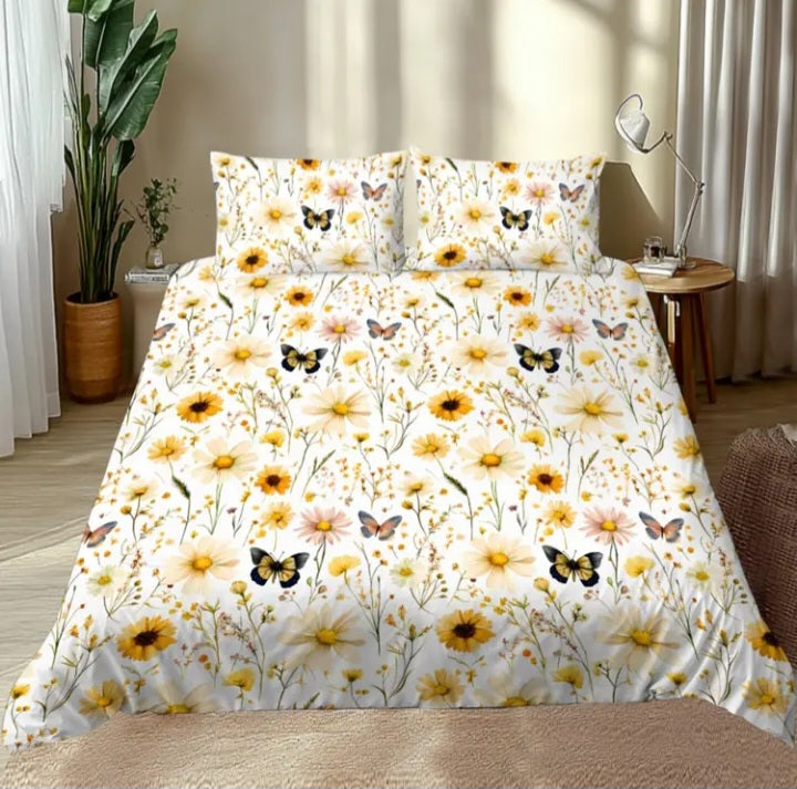 Ensemble de housse de couette à motif fleurs et papillons