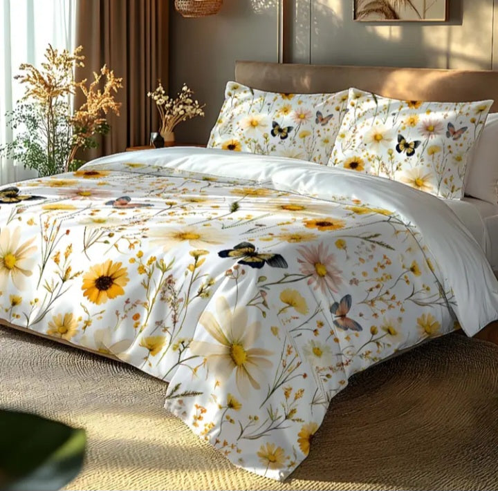 Ensemble de housse de couette à motif fleurs et papillons