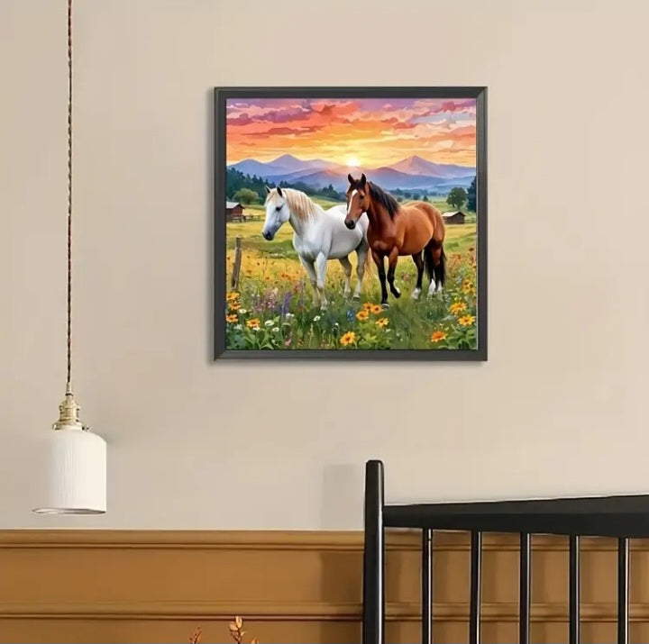 Ensemble de peinture au diamant Deux chevaux dans la prairie