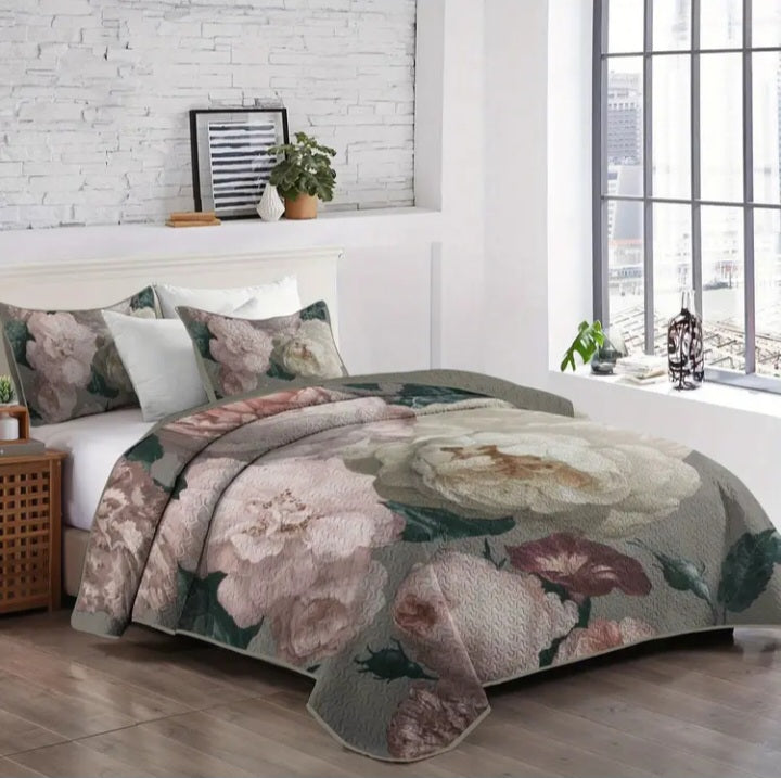 Ensemble de couvre-lit double floral vert de gris