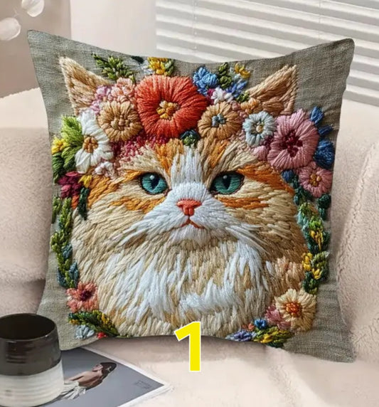 Housse de coussin brodée 18 x 18 pouces - Plusieurs motifs de chats