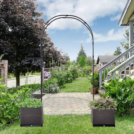 Arche de jardin en acier avec 2 boîtes de plantation en rotin