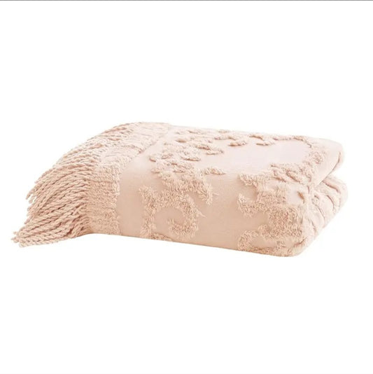 Couverture à franges rose, motif bohème