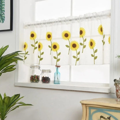 Small embroidered curtain with yellow daisy pattern
