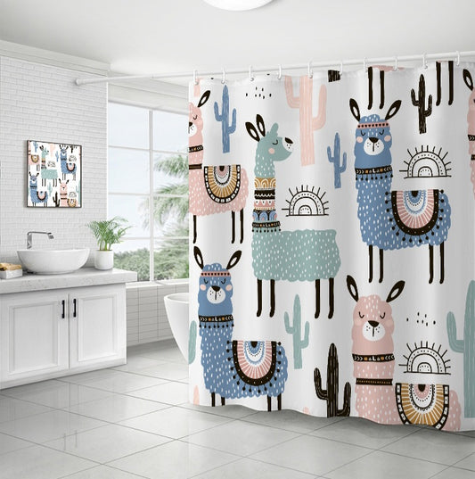 Rideau de douche en tissu Alpagas et Cactus