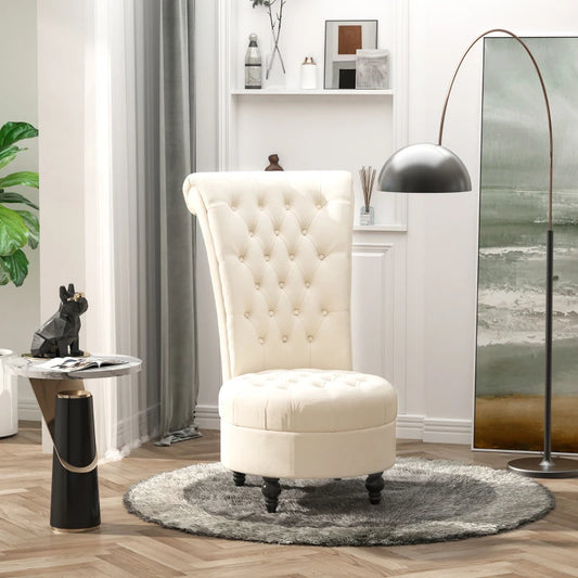 Fauteuil d'appoint crème à dossier haut en velours capitonné