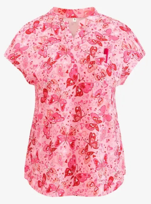 Haut d'uniforme rose à motif papillons