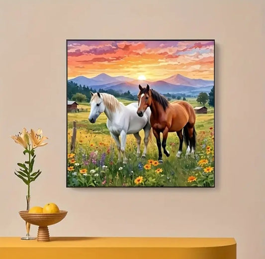Ensemble de peinture au diamant Deux chevaux dans la prairie