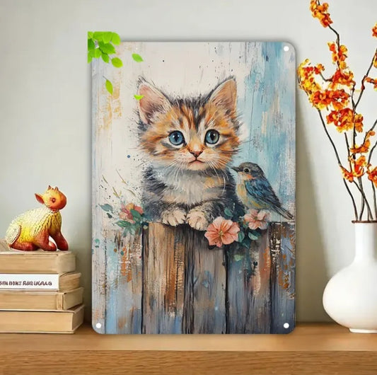 Plaque métallique 2D Le chaton et l'oiseau 8 x 12 pour.
